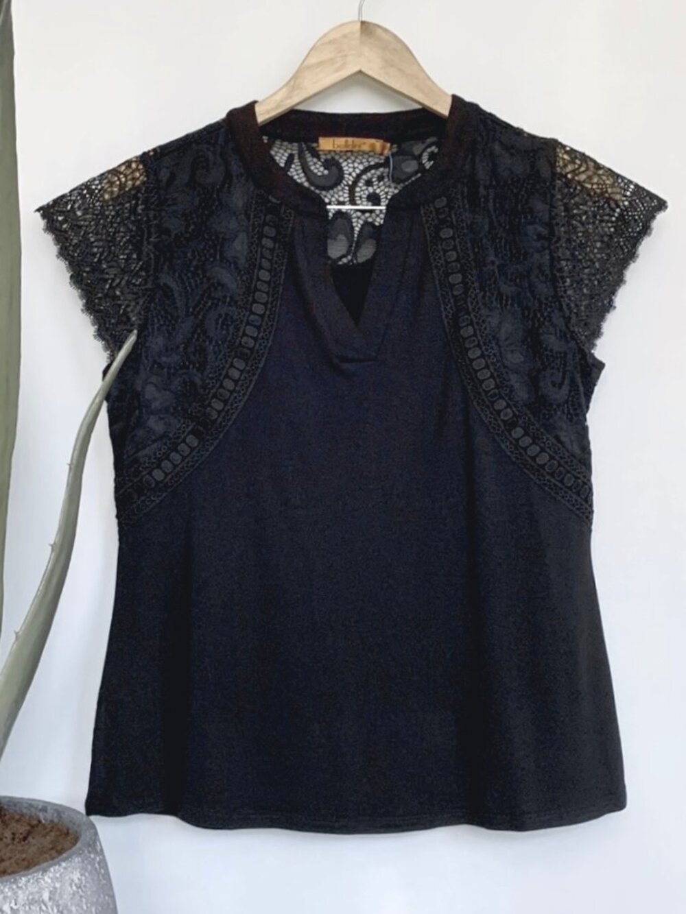 Beldrini Lace and stretch jersey top black NWT